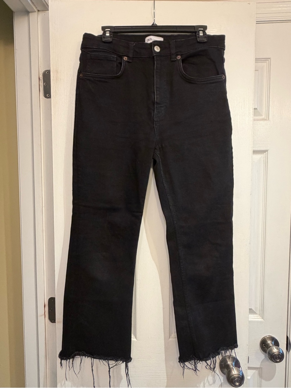 Zara Black High-Rise Flare Jeans with Frayed Hem
